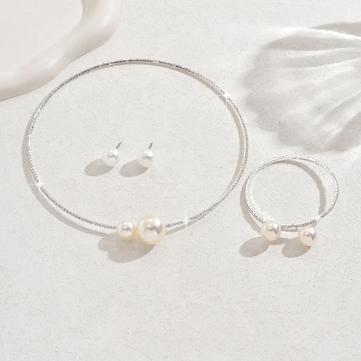 Trendy Full Crystal Jewelry Set Minimalist Pearl Necklace Bracelet Earring Set W