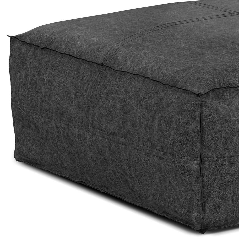 Brody Boho Square Pouf in Distressed Black Vegan Faux Leather