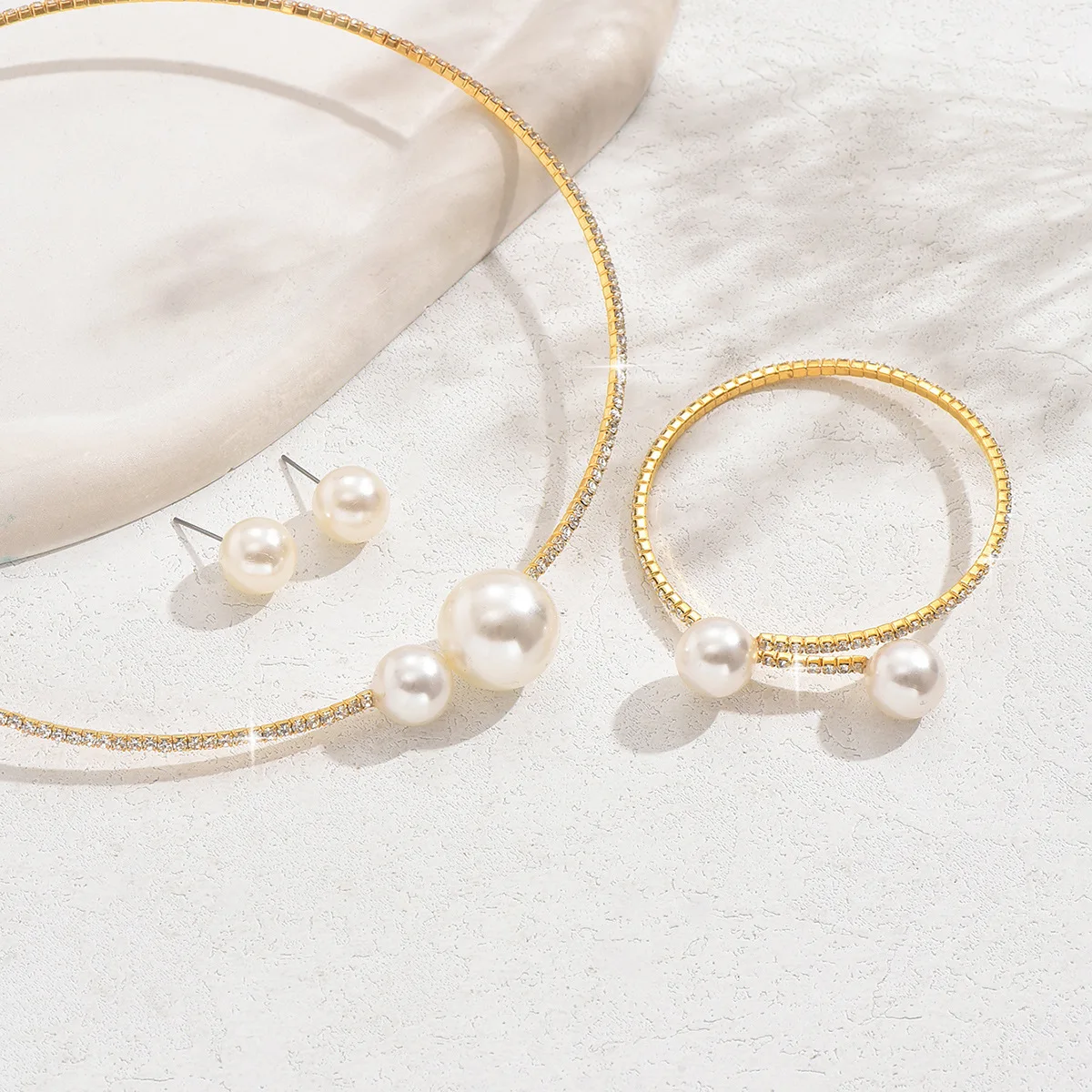 Trendy Full Crystal Jewelry Set Minimalist Pearl Necklace Bracelet Earring Set W