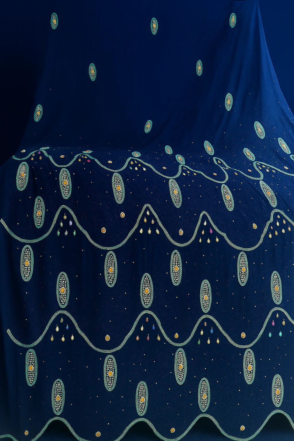 Elegant Navy Blue Chiffon – Beaded Royal Waves