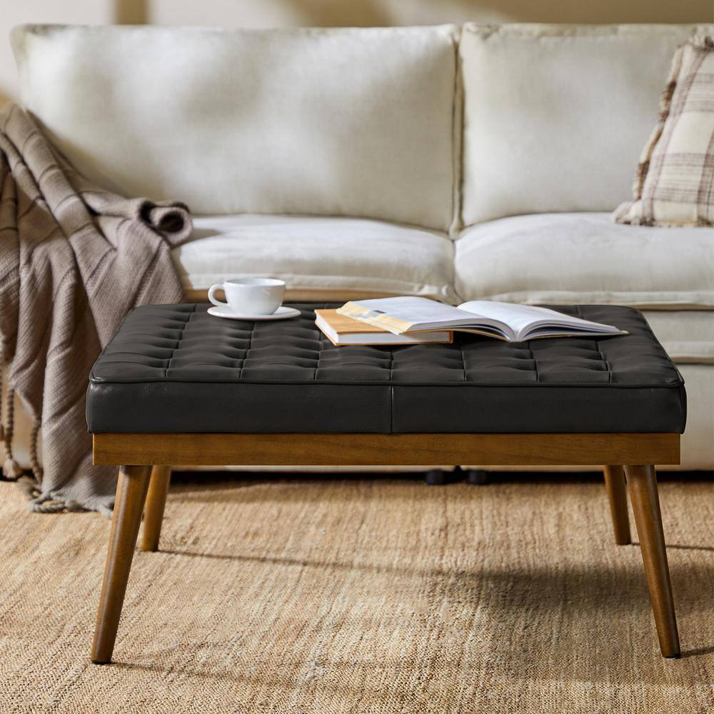 Diana Black Genuine Leather Square Medium Ottoman
