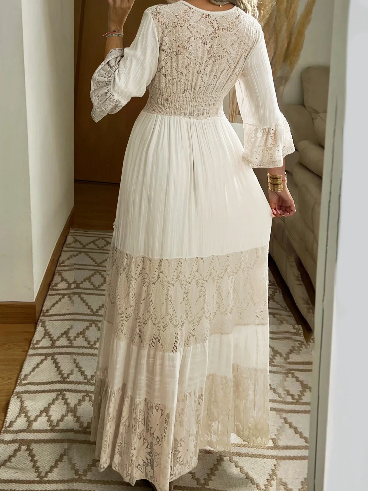 Elegant Floral Print Maxi Dress with Lace V-Neck and Long Sleeves for Women