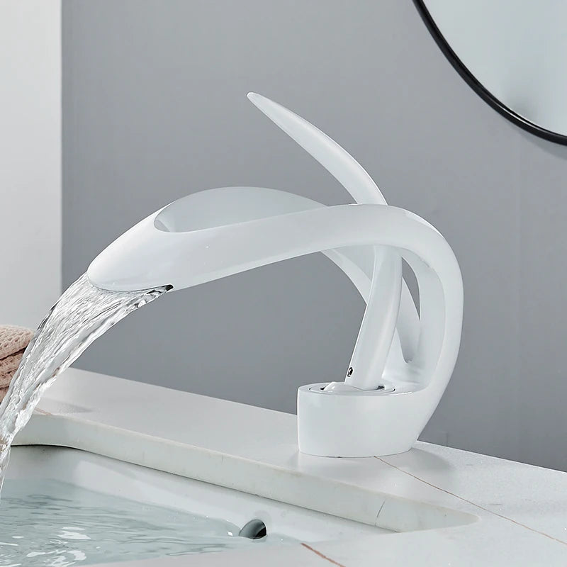Solid Brass Waterfall Basin Faucet Single Handle Hot Cold Water Mixer Tap For Bathroom Sink