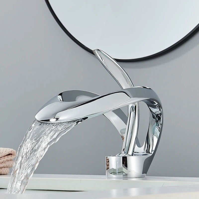Solid Brass Waterfall Basin Faucet Single Handle Hot Cold Water Mixer Tap For Bathroom Sink