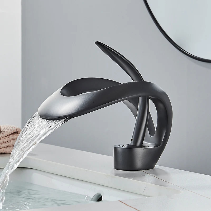 Solid Brass Waterfall Basin Faucet Single Handle Hot Cold Water Mixer Tap For Bathroom Sink