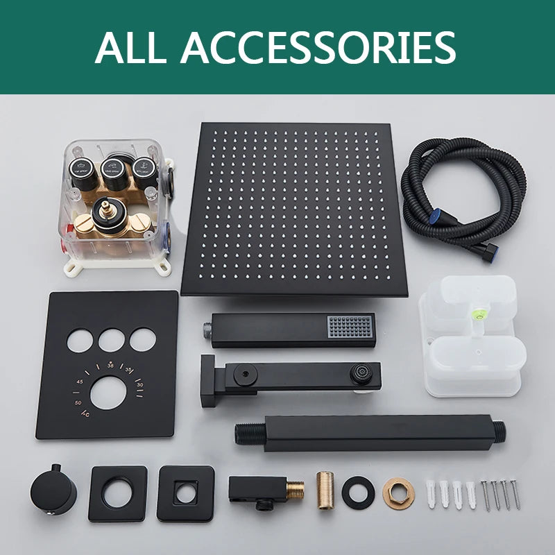 Rozin Matte Black Thermostatic Shower Faucet Concealed Install Bathroom Faucets Ceiling Rainfall Big Size Head Shower Mixer Tap