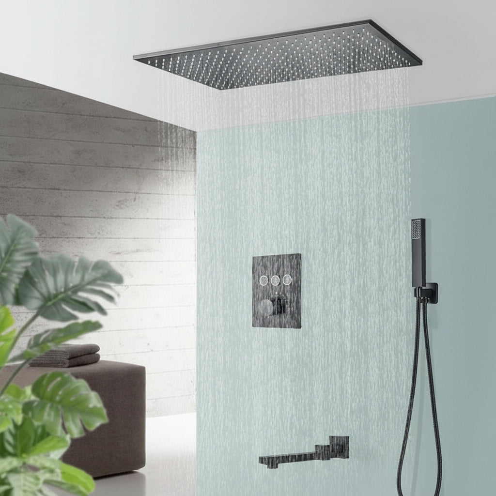 Rozin Matte Black Thermostatic Shower Faucet Concealed Install Bathroom Faucets Ceiling Rainfall Big Size Head Shower Mixer Tap