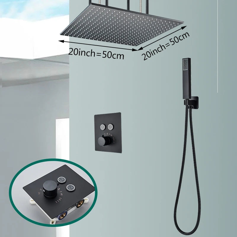 Rozin Matte Black Thermostatic Shower Faucet Concealed Install Bathroom Faucets Ceiling Rainfall Big Size Head Shower Mixer Tap