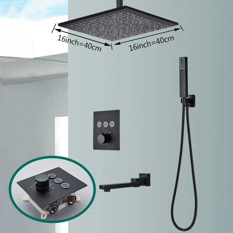 Rozin Matte Black Thermostatic Shower Faucet Concealed Install Bathroom Faucets Ceiling Rainfall Big Size Head Shower Mixer Tap