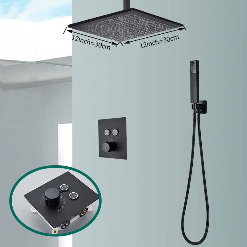 Rozin Matte Black Thermostatic Shower Faucet Concealed Install Bathroom Faucets Ceiling Rainfall Big Size Head Shower Mixer Tap