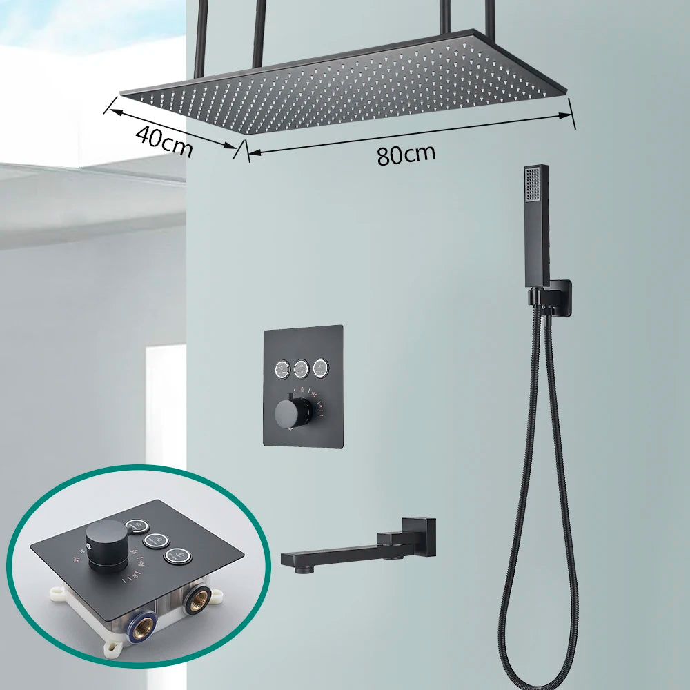 Rozin Matte Black Thermostatic Shower Faucet Concealed Install Bathroom Faucets Ceiling Rainfall Big Size Head Shower Mixer Tap