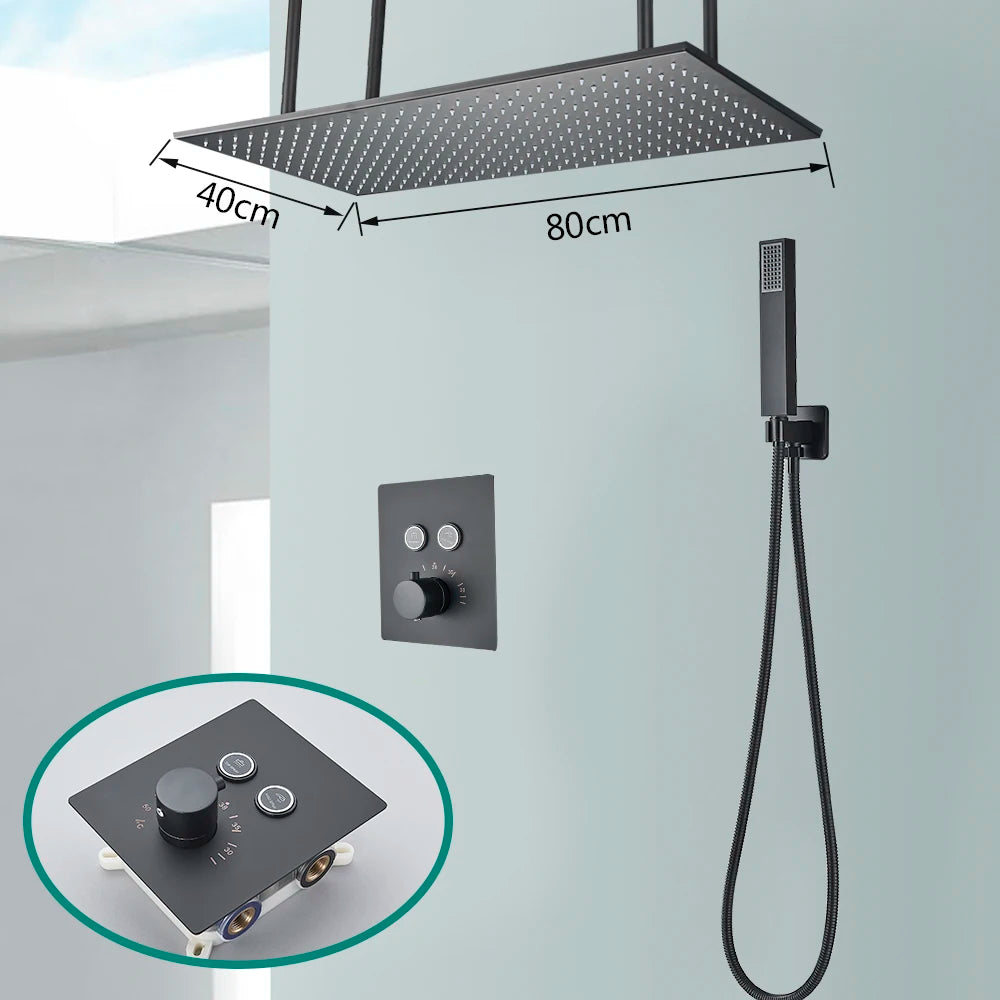 Rozin Matte Black Thermostatic Shower Faucet Concealed Install Bathroom Faucets Ceiling Rainfall Big Size Head Shower Mixer Tap