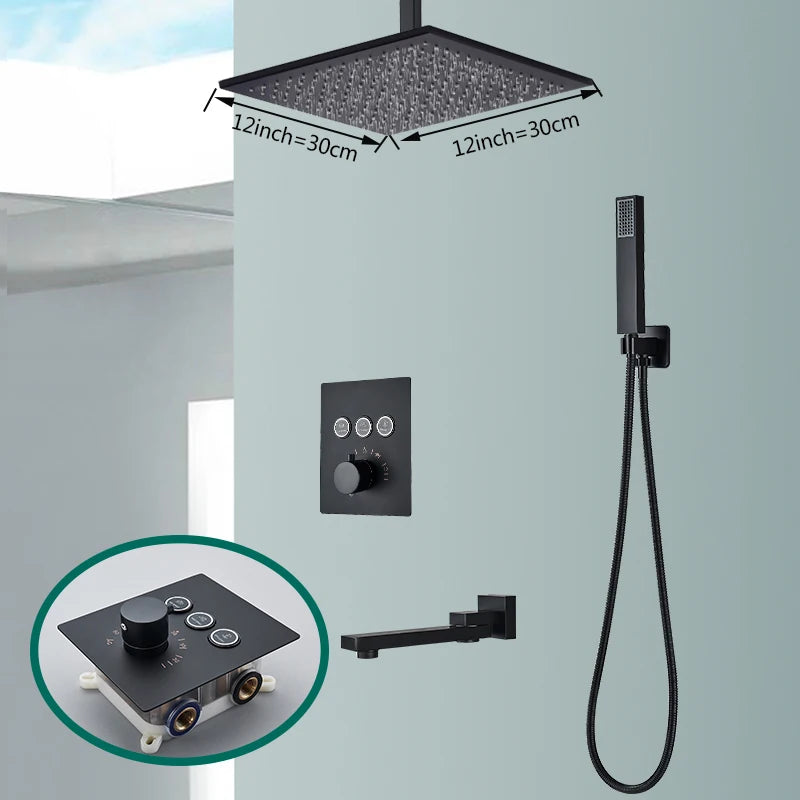 Rozin Matte Black Thermostatic Shower Faucet Concealed Install Bathroom Faucets Ceiling Rainfall Big Size Head Shower Mixer Tap