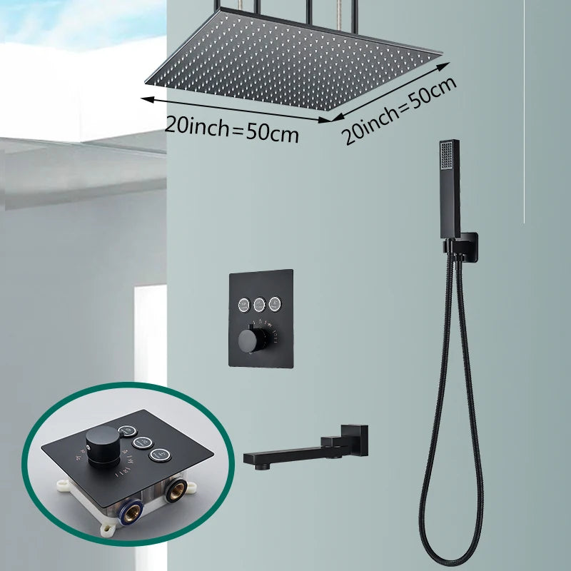 Rozin Matte Black Thermostatic Shower Faucet Concealed Install Bathroom Faucets Ceiling Rainfall Big Size Head Shower Mixer Tap