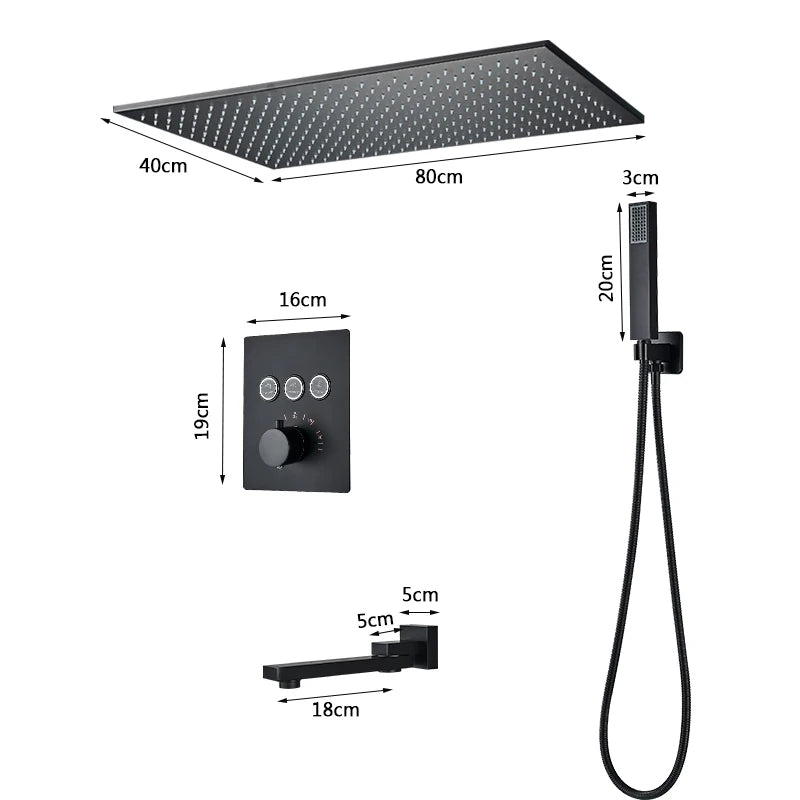 Rozin Matte Black Thermostatic Shower Faucet Concealed Install Bathroom Faucets Ceiling Rainfall Big Size Head Shower Mixer Tap