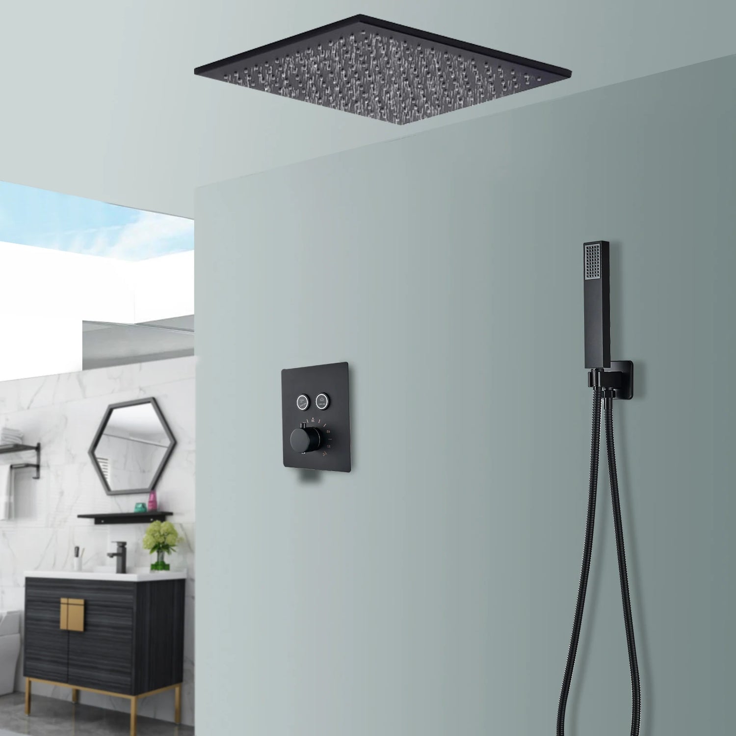 Rozin Matte Black Thermostatic Shower Faucet Concealed Install Bathroom Faucets Ceiling Rainfall Big Size Head Shower Mixer Tap