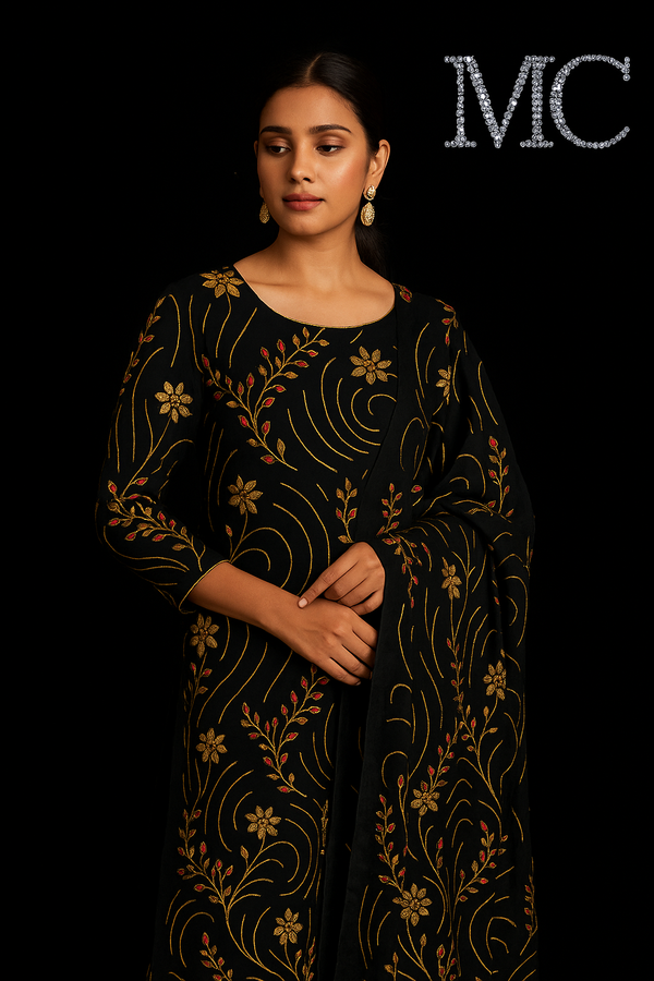 Luxury Royal Green Embroidered Velvet Fabric โ Gold & Red Floral Design | Premium Fabric for Dresses, Gowns, Dupattas, Dรฉcor โ 1 Yard