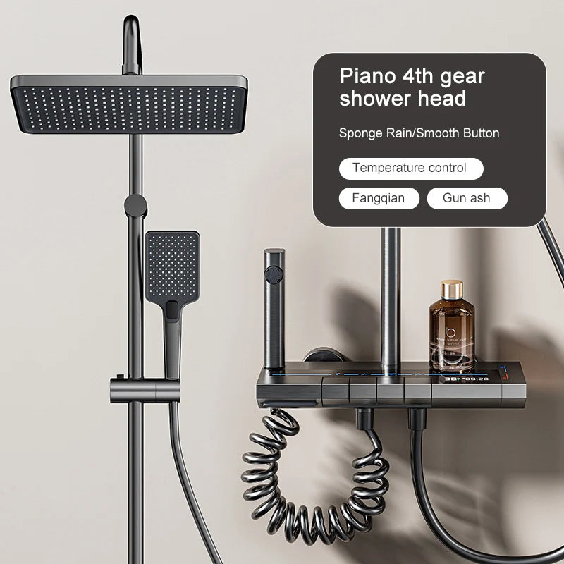 Grey Piano Button Ambient Light Bathroom Shower Full Set Digital Display Shower System Sets Rain Faucets Shower Head