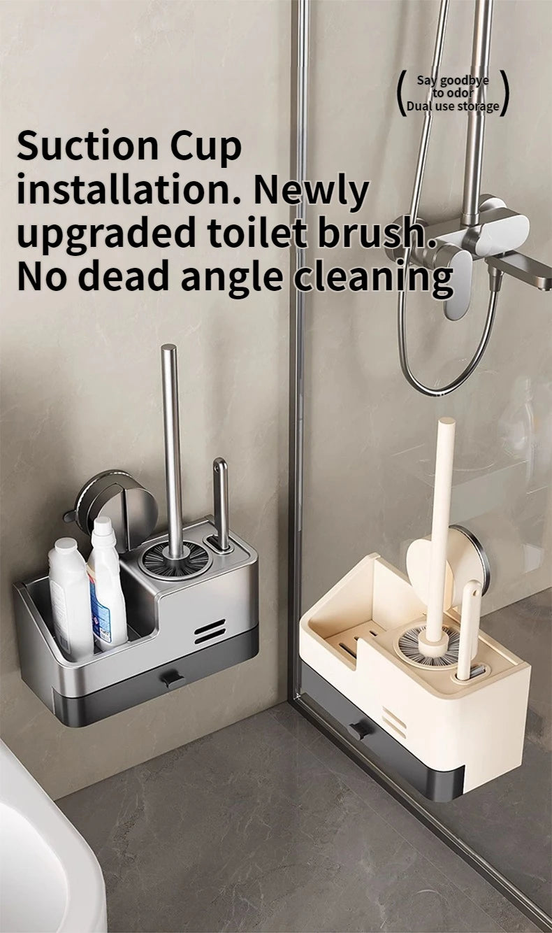 Wall-Mounted Bathroom Storage Rack With Suction Cup Toilet Brush No Drilling Required - New Toilet Brush For Spotless Cleaning
