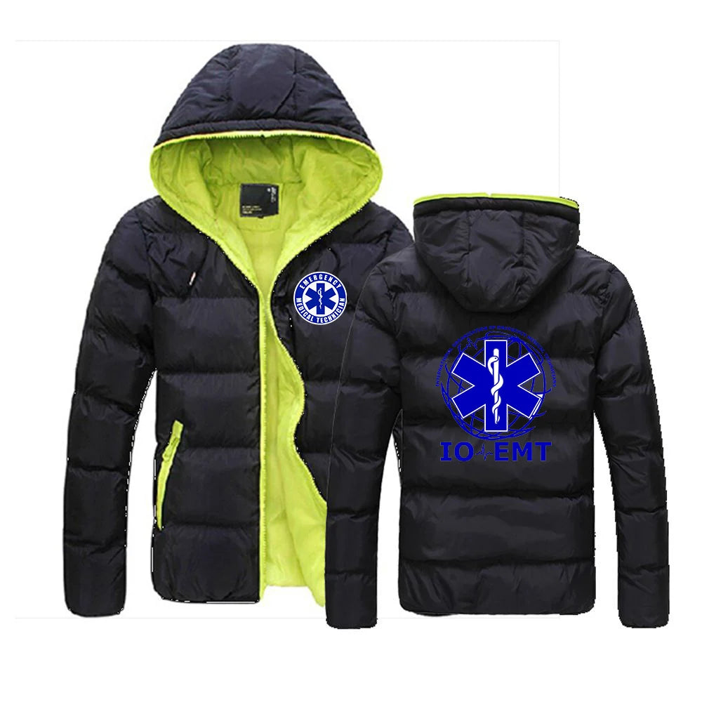 2025 Autumn Winter EMT Emergency Ambulance Print Contrast Color Design Cotton Jacket Men Casual Hooded Cold Prevention Down Coat