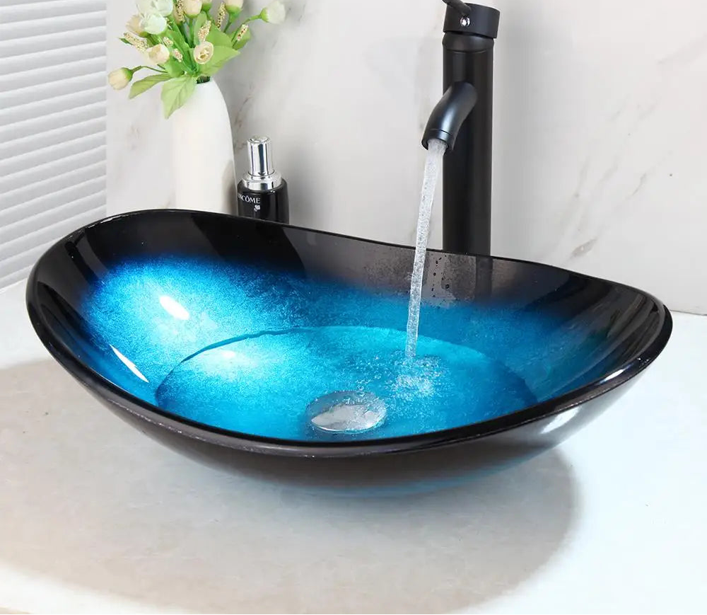 ZAPPO Tempered Glass Bathroom Vessel Sink with Waterfall Black Faucet Tap Bathroom Oval Blue Vessel Sinks Above Counter Basin