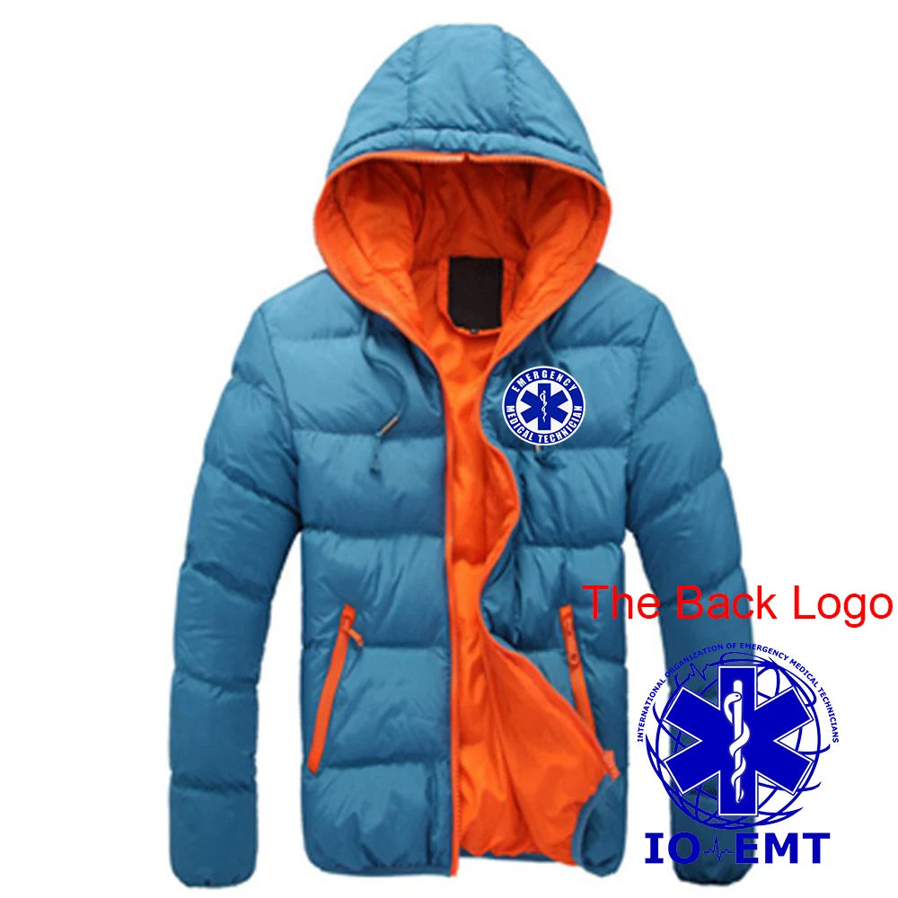2025 Autumn Winter EMT Emergency Ambulance Print Contrast Color Design Cotton Jacket Men Casual Hooded Cold Prevention Down Coat