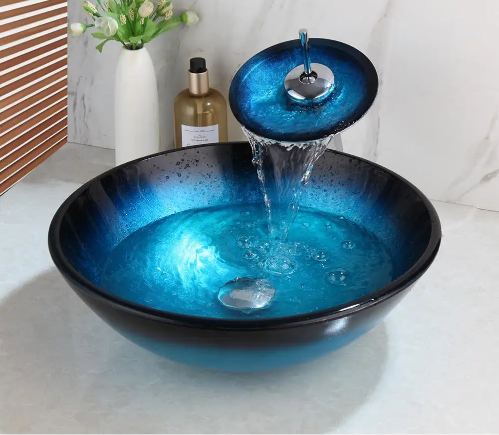 ZAPPO Tempered Glass Bathroom Vessel Sink with Waterfall Black Faucet Tap Bathroom Oval Blue Vessel Sinks Above Counter Basin