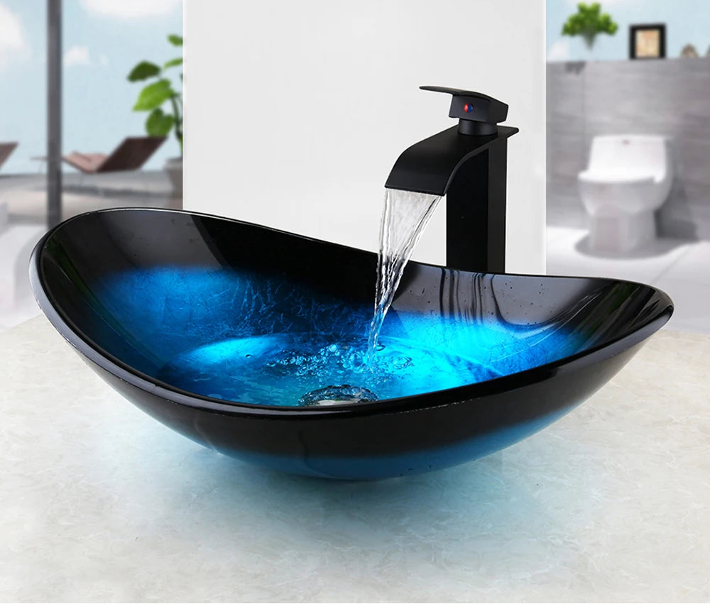 ZAPPO Tempered Glass Bathroom Vessel Sink with Waterfall Black Faucet Tap Bathroom Oval Blue Vessel Sinks Above Counter Basin