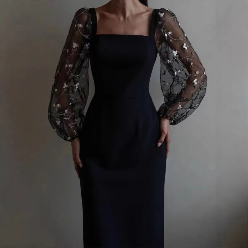 Elegant Dresses 2025 Woman Temperament Vestidos Largos French Dress Simple Style Solid Color Package Hip Patchwork Puff Sleeves