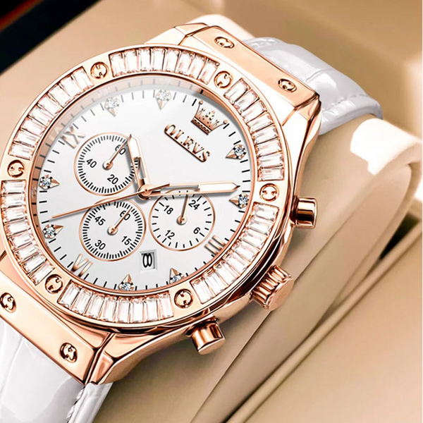 OLEVS Elegant Fashion Women's Watches Leather Strap Top Brand Original Quartz Wristwatch Diamond Bezel Waterproof Chronograph