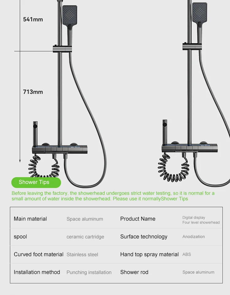 Grey Piano Button Ambient Light Bathroom Shower Full Set Digital Display Shower System Sets Rain Faucets Shower Head