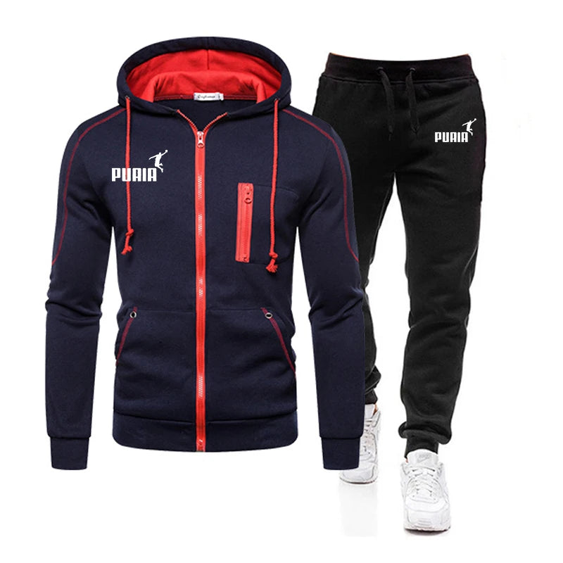 Mens Tracksuit Casual Zipper Jacket+Sweatpants 2 Pcs Set Fitness Sweatshirts Suits Hooded Coat Outdoors Jogging Mens Clothing