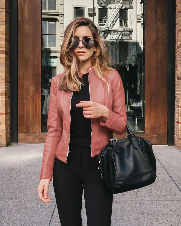 2025 Women Bike Coat PU Leather Outwear Zipper Outfit Autumn Winter Wome Fashion Short Thin Female Jacket