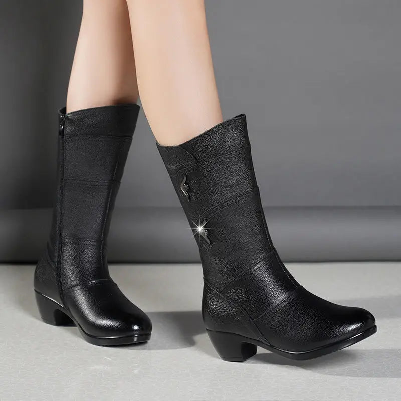 Women Mid-calf Boots Wedge-heeled Soft Leather Mother Shoes Winter Velvet Snow Women Boots Side Zipper Thick Heeled Punk Boots