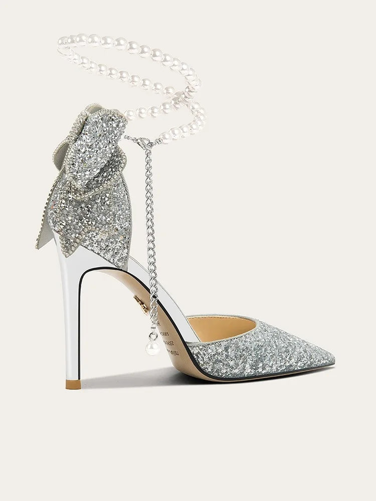 French new pointy shallow mouth temperament elegant sequin bow high heels women&