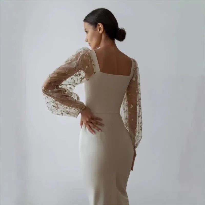Elegant Dresses 2025 Woman Temperament Vestidos Largos French Dress Simple Style Solid Color Package Hip Patchwork Puff Sleeves