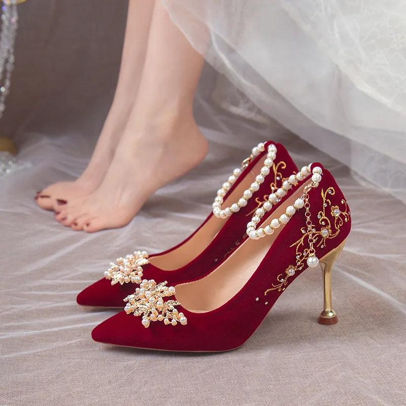 Women Red High Heel Shoes Elegant Fashion Designer Pointed Tip Fine High Heels Women Water Diamond Banquet Wedding Shoes Tacones