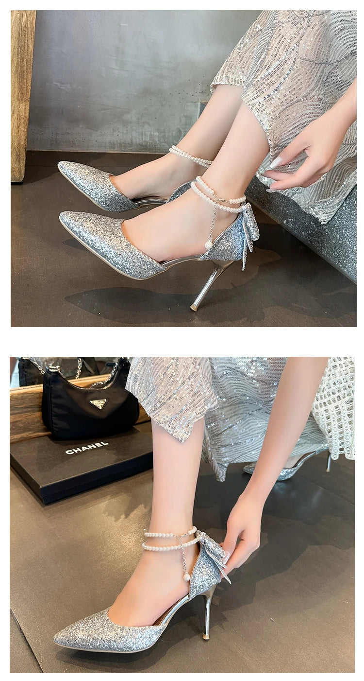 French new pointy shallow mouth temperament elegant sequin bow high heels women&