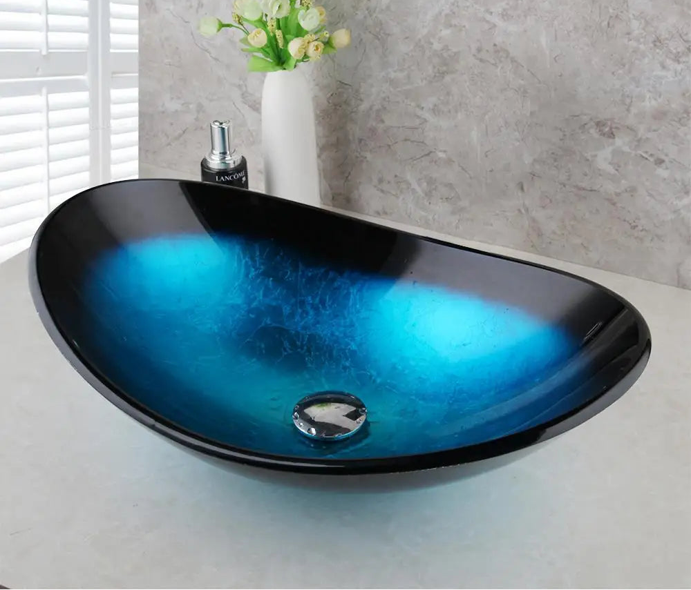 ZAPPO Tempered Glass Bathroom Vessel Sink with Waterfall Black Faucet Tap Bathroom Oval Blue Vessel Sinks Above Counter Basin