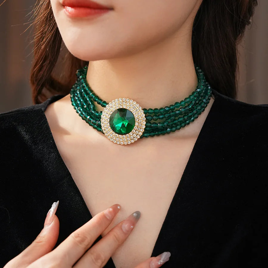Inlaid Rhinestone Glass Round Green Jewelry Sets for Women Necklace Emerald Light Luxury Collarbone Chain Earrings Set Wedding