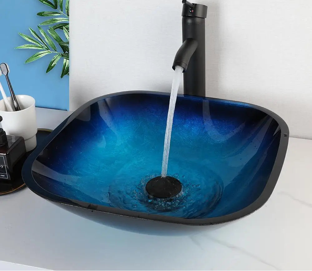 ZAPPO Tempered Glass Bathroom Vessel Sink with Waterfall Black Faucet Tap Bathroom Oval Blue Vessel Sinks Above Counter Basin
