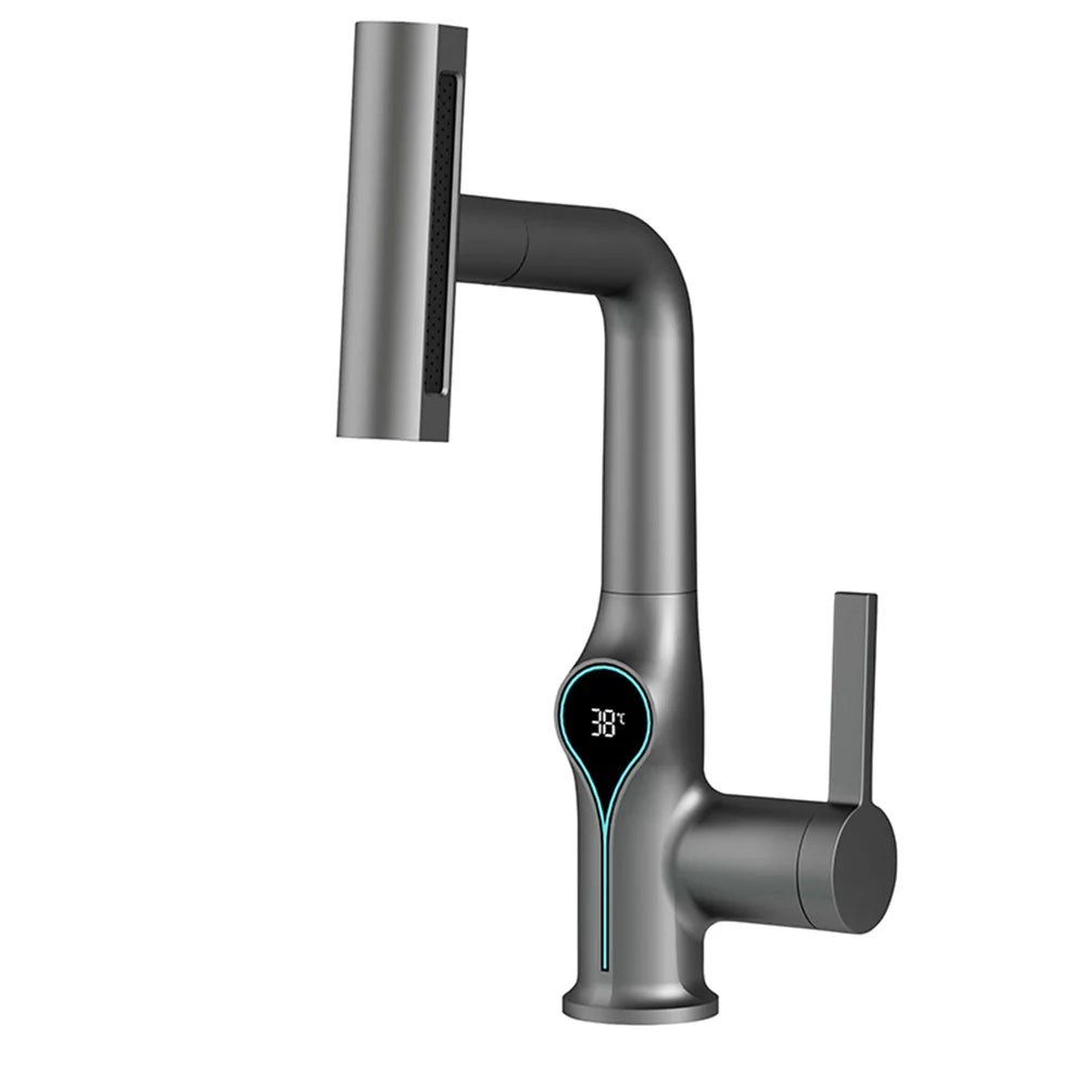 Waterfall Temperature Digital Display Basin Faucet Lift Up Down Stream Sprayer Hot Cold Water Sink Mixer Wash Tap For Bathroom