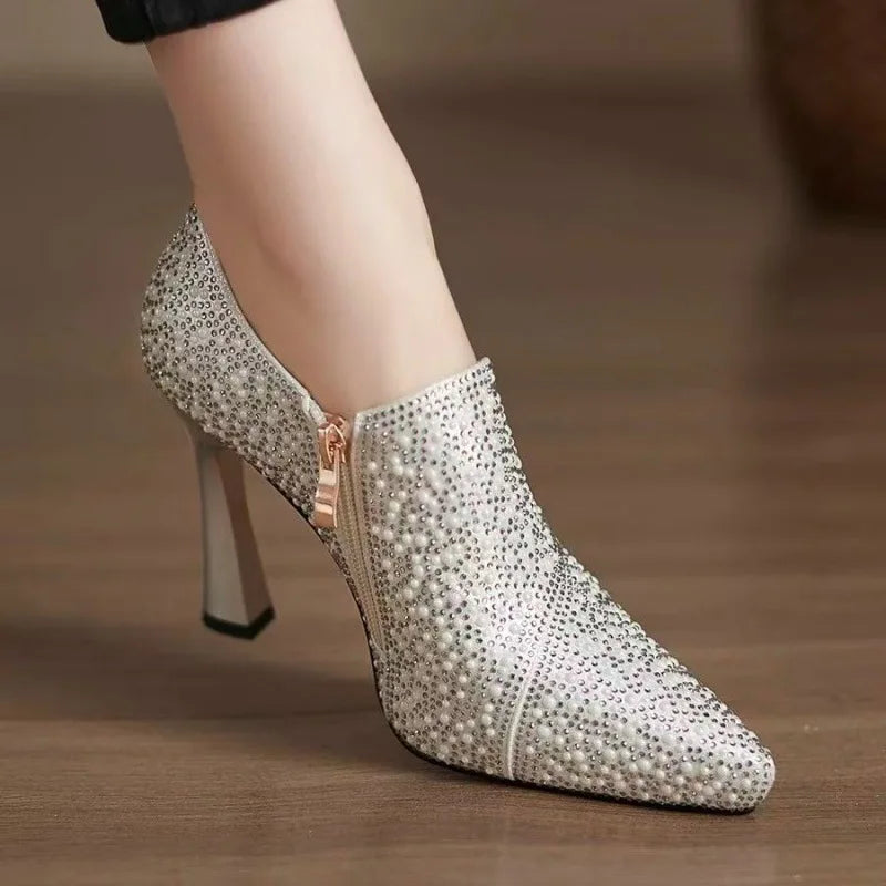 Rhinestone High Heels Shoes Sexy Pointed Toe High Heel Single Shoe Luxury Pearl Crystal Wedding Shoe Champagne Pumps Bride Shoes