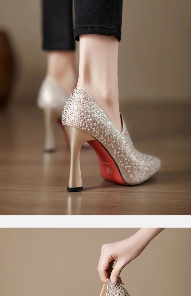 Rhinestone High Heels Shoes Sexy Pointed Toe High Heel Single Shoe Luxury Pearl Crystal Wedding Shoe Champagne Pumps Bride Shoes