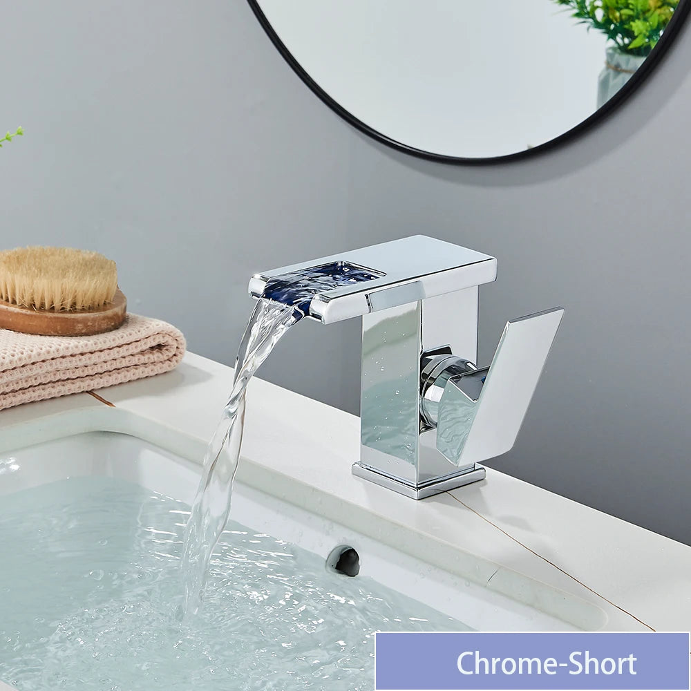 LED Bathroom Sink Faucet Brass Waterfall Faucet BlackBathroom Hot/Cold Mixer Crane Deck Mounted Wash Sink Taps Single Handle Tap