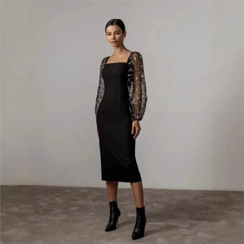Elegant Dresses 2025 Woman Temperament Vestidos Largos French Dress Simple Style Solid Color Package Hip Patchwork Puff Sleeves