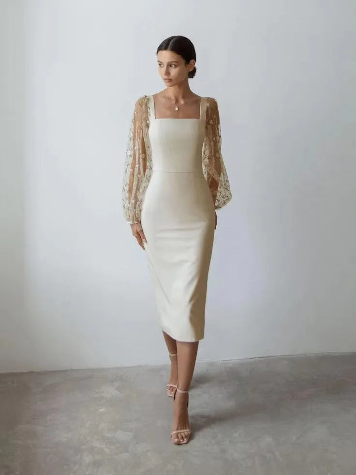 Elegant Dresses 2025 Woman Temperament Vestidos Largos French Dress Simple Style Solid Color Package Hip Patchwork Puff Sleeves