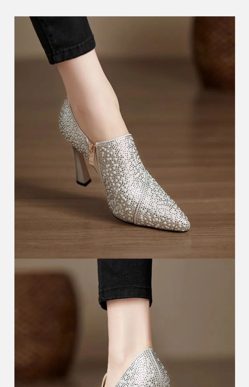 Rhinestone High Heels Shoes Sexy Pointed Toe High Heel Single Shoe Luxury Pearl Crystal Wedding Shoe Champagne Pumps Bride Shoes