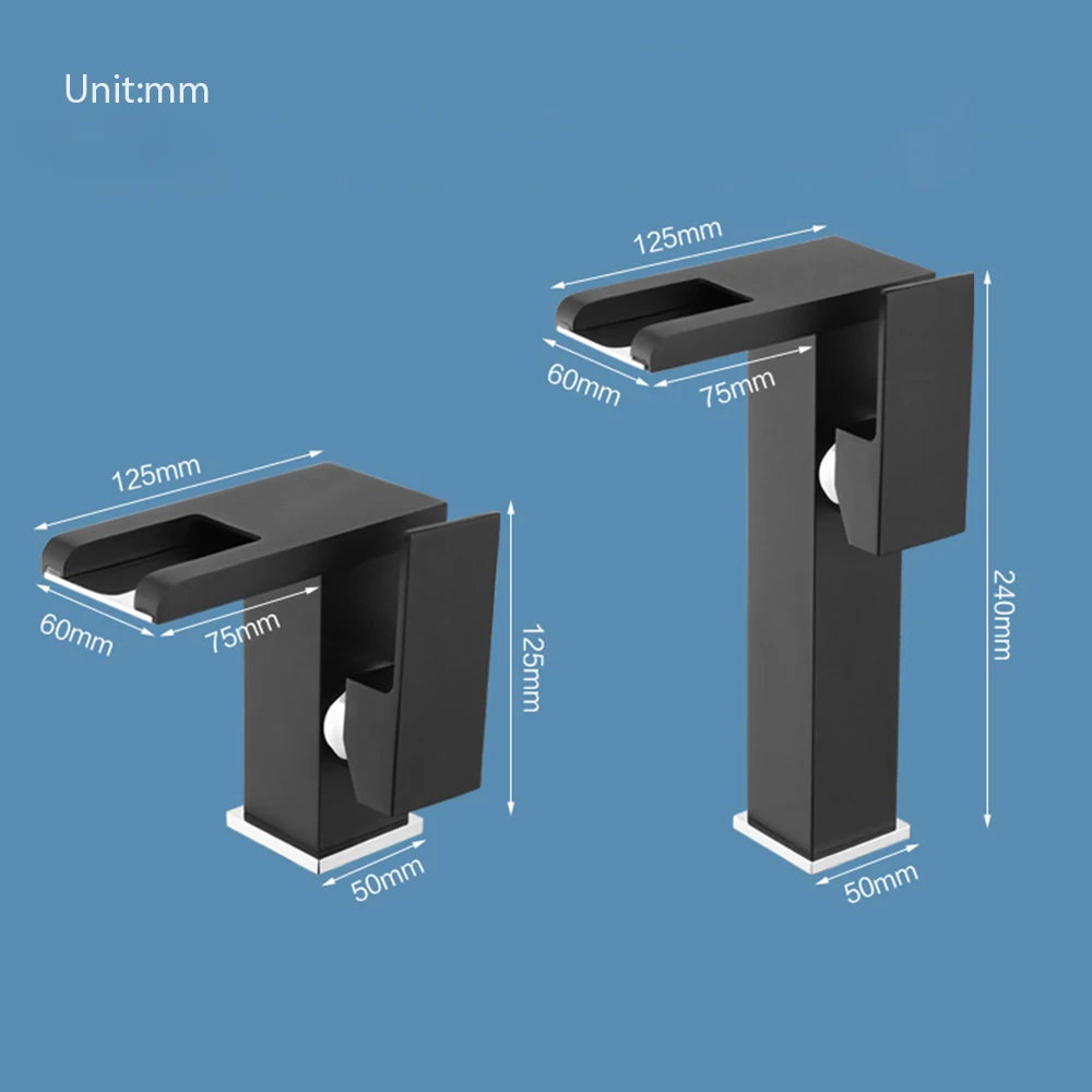 LED Bathroom Sink Faucet Brass Waterfall Faucet BlackBathroom Hot/Cold Mixer Crane Deck Mounted Wash Sink Taps Single Handle Tap