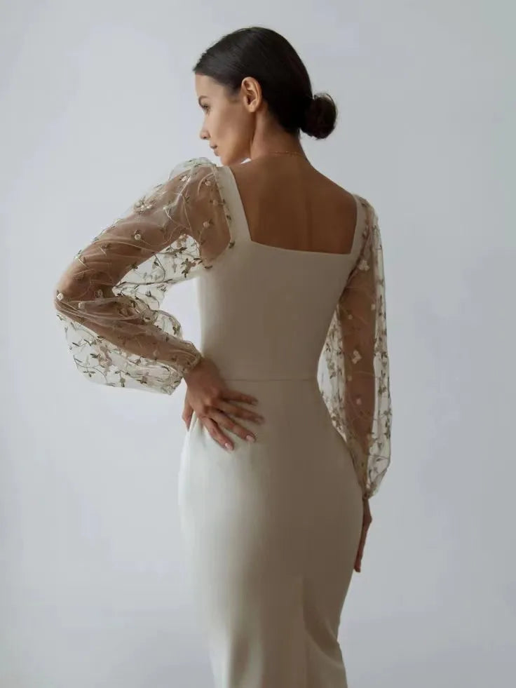 Elegant Dresses 2025 Woman Temperament Vestidos Largos French Dress Simple Style Solid Color Package Hip Patchwork Puff Sleeves